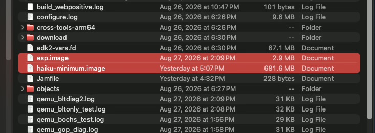 File listing showing the Haiku OS disk images and their sizes