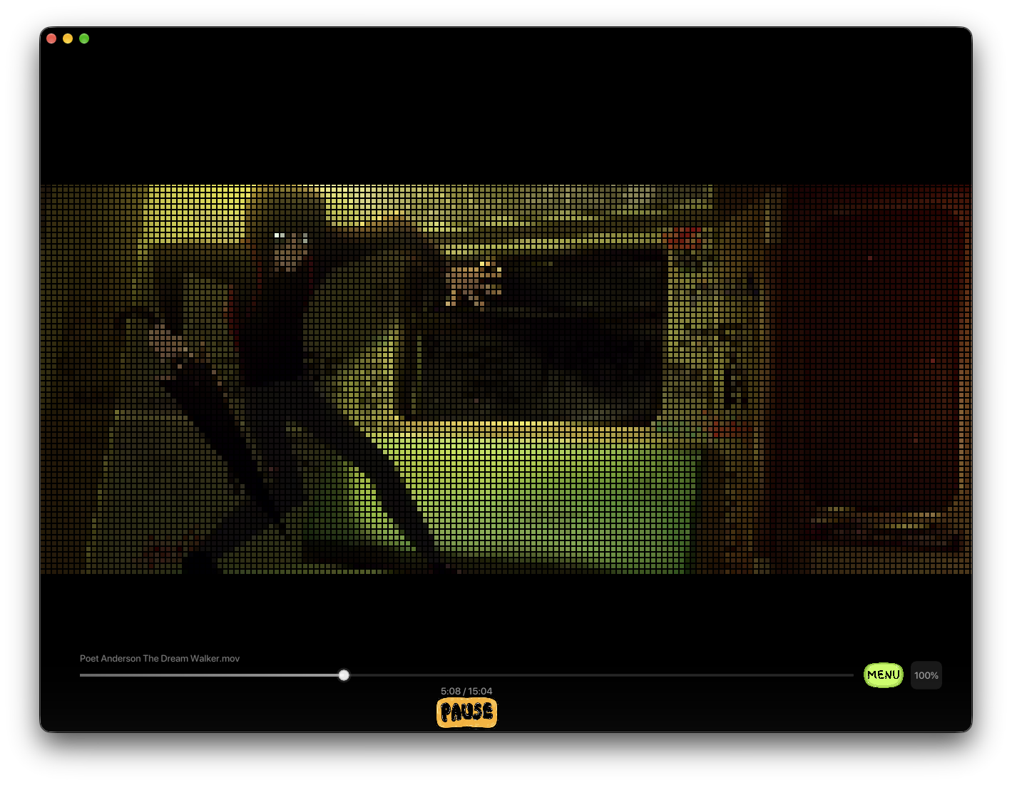 playful Veo playing a video with a square mosaic / pixel-grid filter applied to the frame