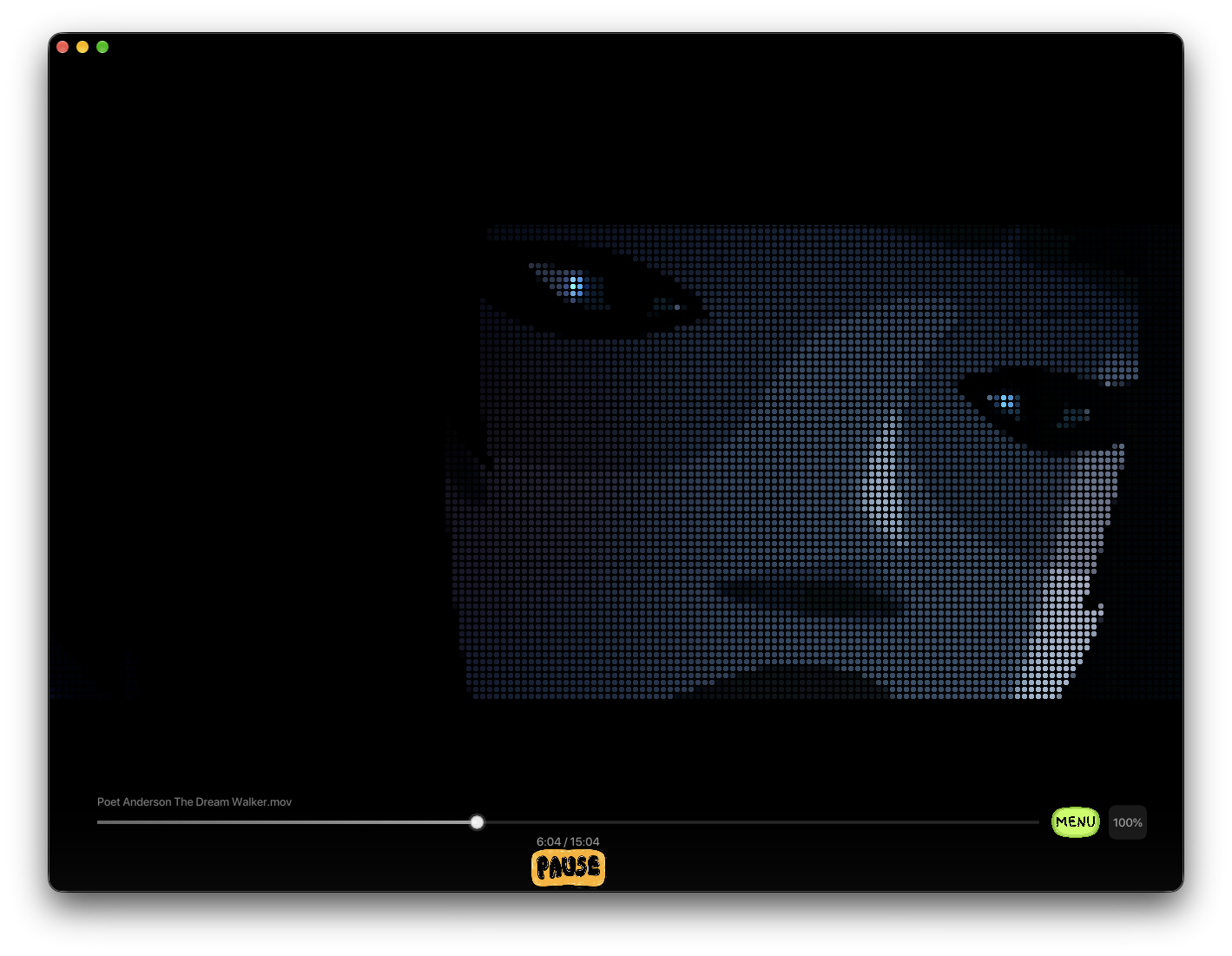 playful Veo frame rendered as a blue halftone dot-matrix, a face emerging from the dots