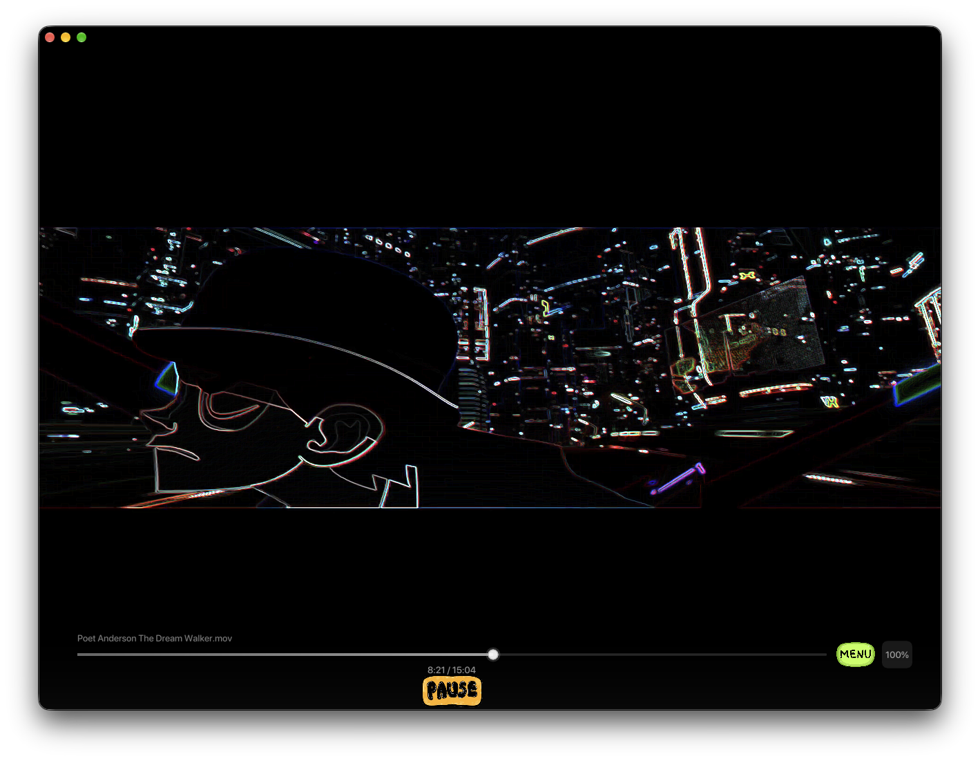 playful Veo frame rendered as glowing neon edge-detection outlines over a dark cityscape